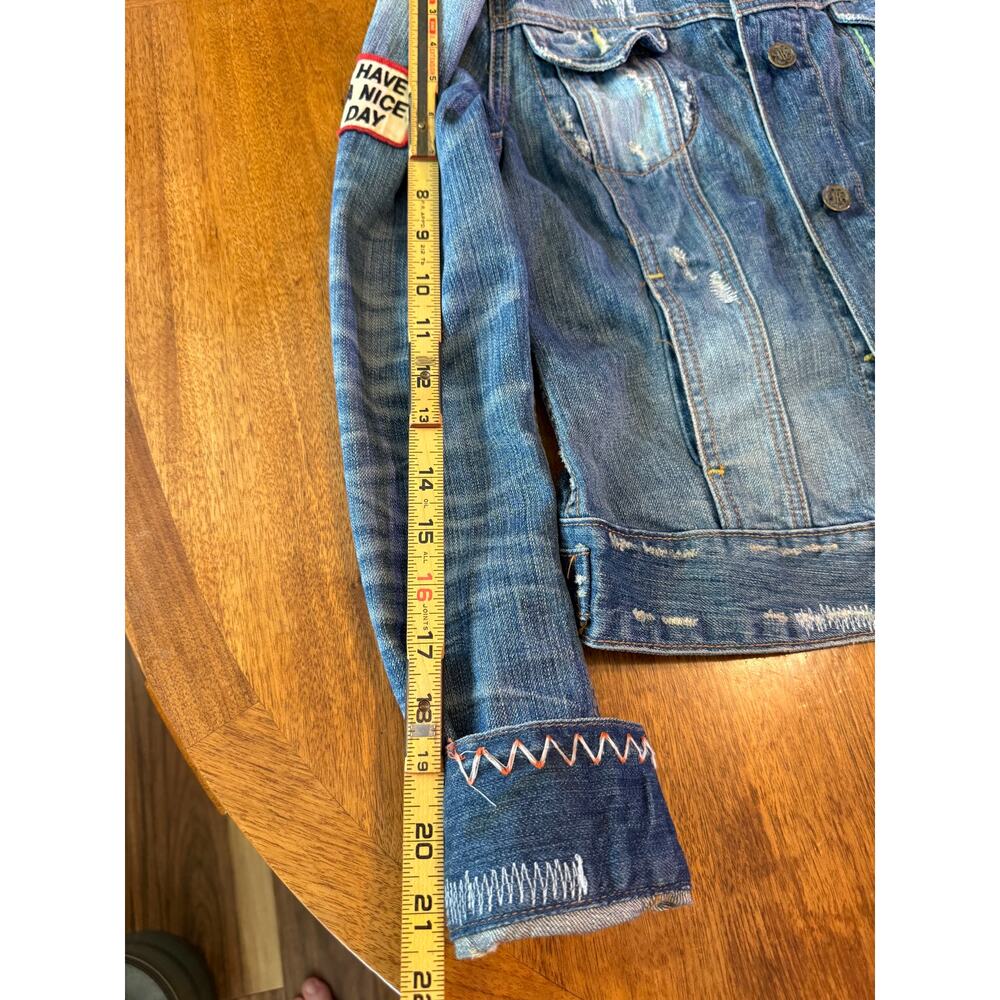 Vintage Lucky Legends Denim Jacket Embroidered Hippie Boho Distressed Patch - Picture 5 of 6